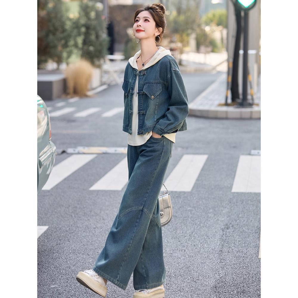 法国Rouje Moaks牛仔时尚套装女2024年秋小个子连帽卫衣三件套潮