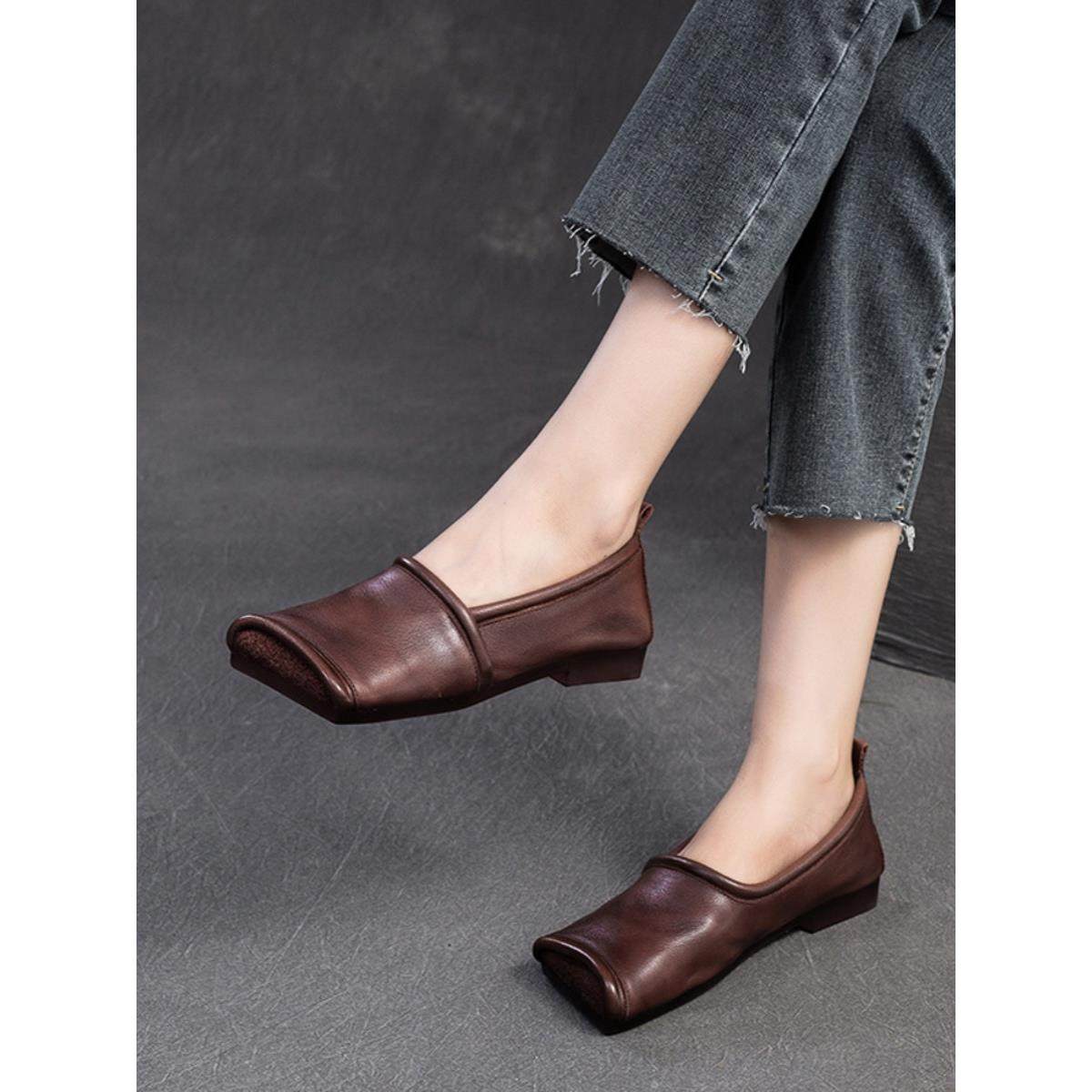 法国【设计师】牛皮方头休闲覆古套脚平底软底软面真皮女鞋女单鞋