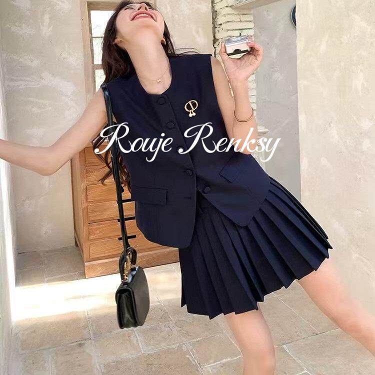 法国rouje renksy法式减龄无袖西装马甲高腰百褶半身裙套装女夏季