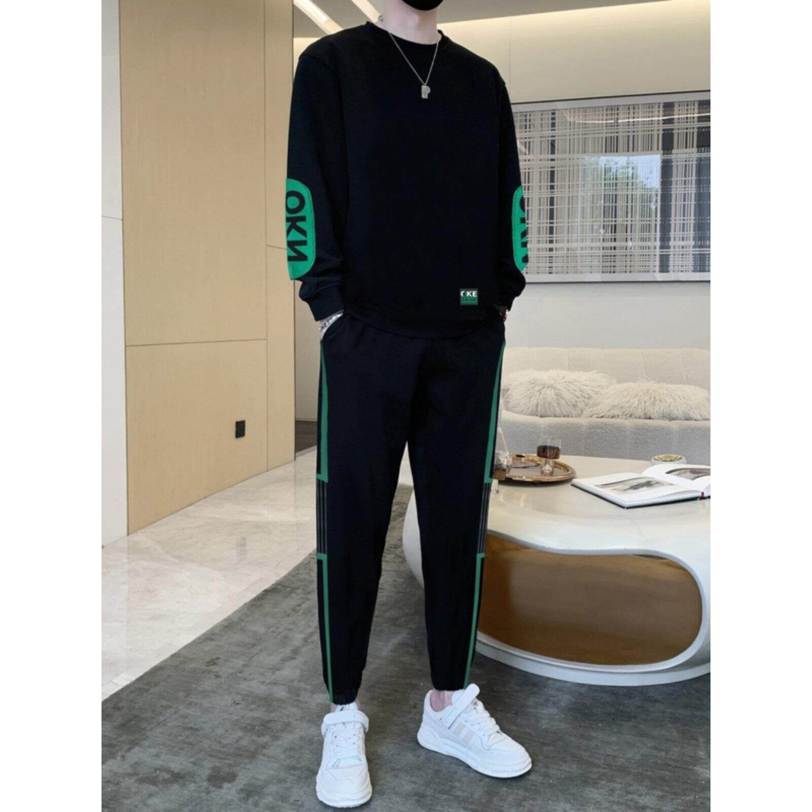 潮牌休闲运动套装男春秋季长袖宽松卫衣青年卫裤帅气男装搭配一套