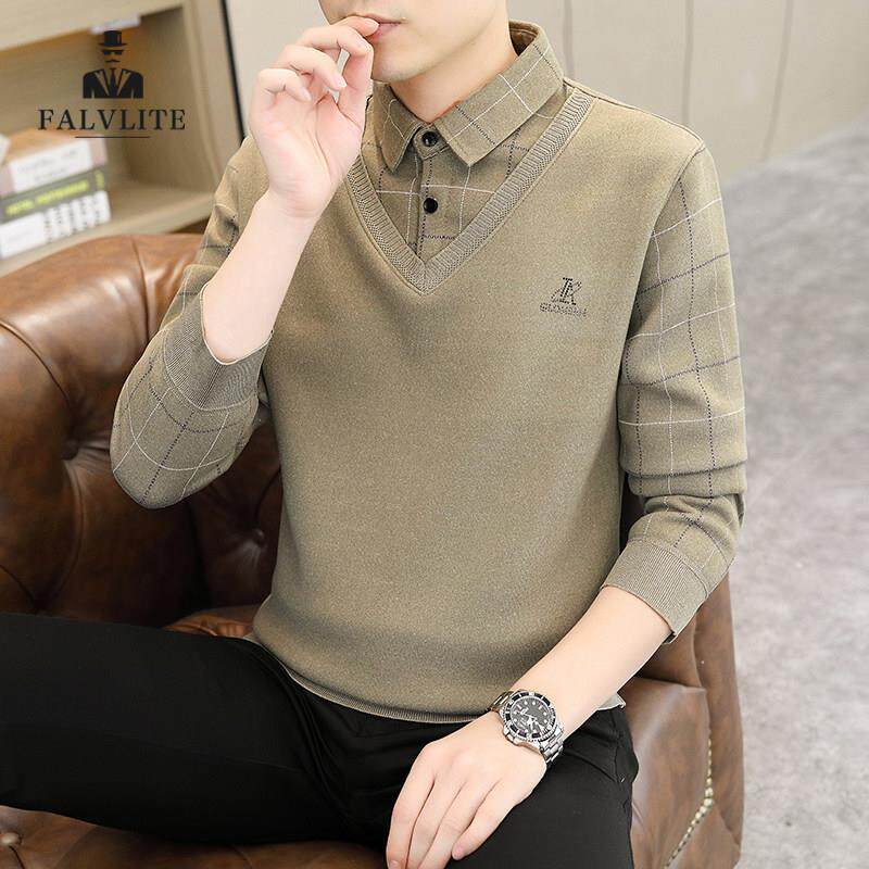 FALVLITE秋冬季假两件打底衫男假领保暖内搭针织加绒加厚衬衫毛衣