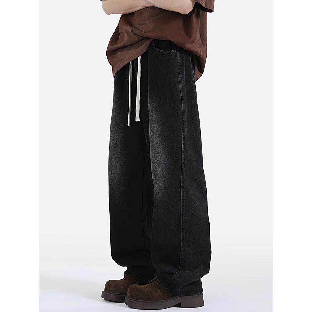 香港潮牌牛仔裤男款秋冬美式高街水洗微喇直筒裤宽松阔腿休闲裤子