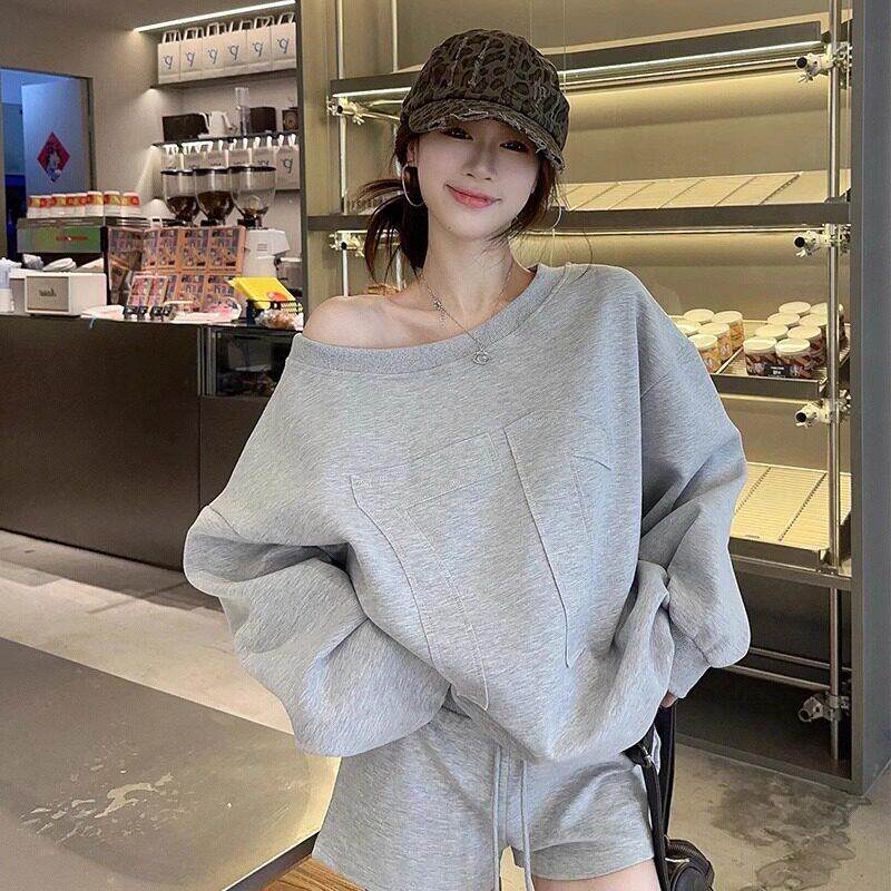 LILY MOST时尚洋派斜肩卫衣女2025春季新款阔腿短裤灰色休闲 套装