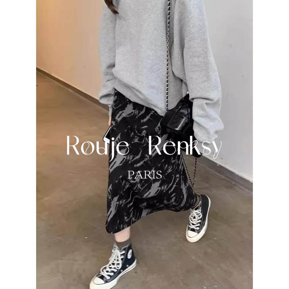 法国rouje renksy秋冬季黑色扎染印花后开叉半身裙女显瘦A字裙