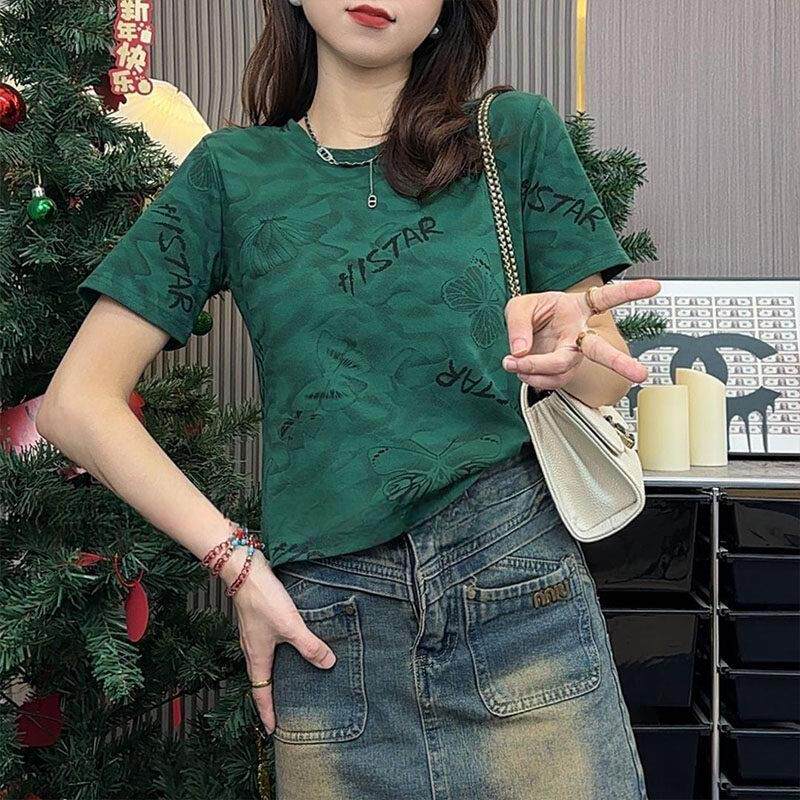 绿色修身短袖t恤女2025夏季新款高级感爆款体恤圆领印花短款上衣