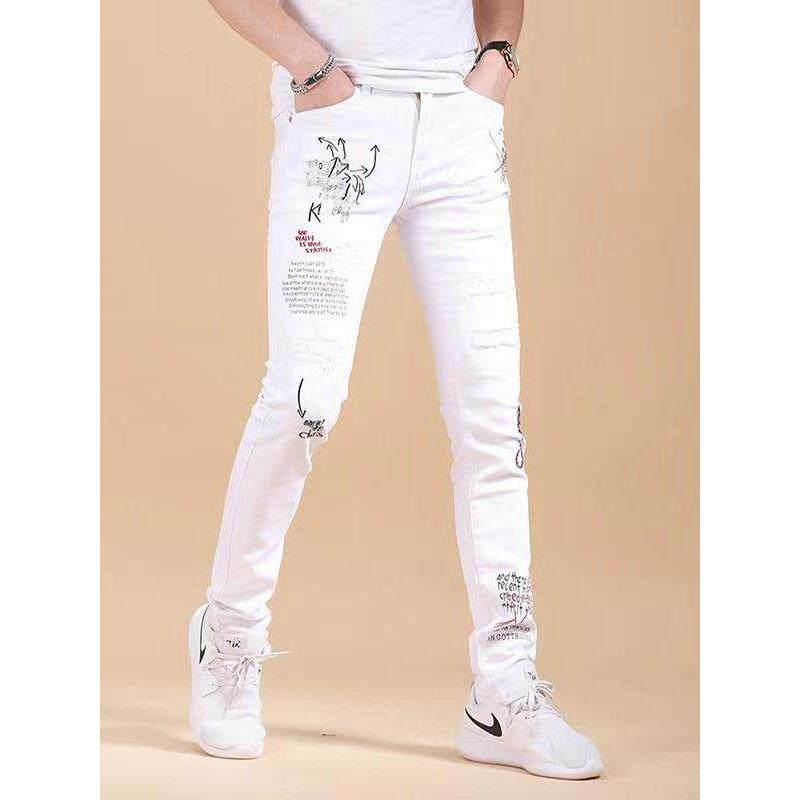 白色牛仔裤男秋季新款韩版潮牌修身刺绣破洞印花百搭休闲小脚长裤