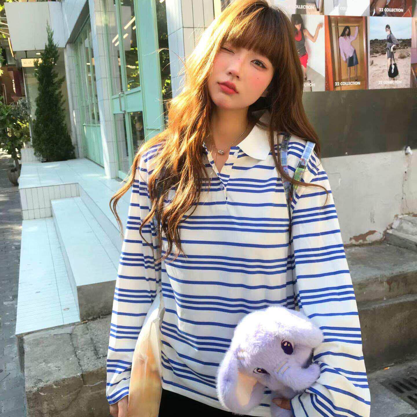 法式Rixo Kelly蓝色条纹polo翻领长袖T恤女慵懒风松弛感撞色上衣