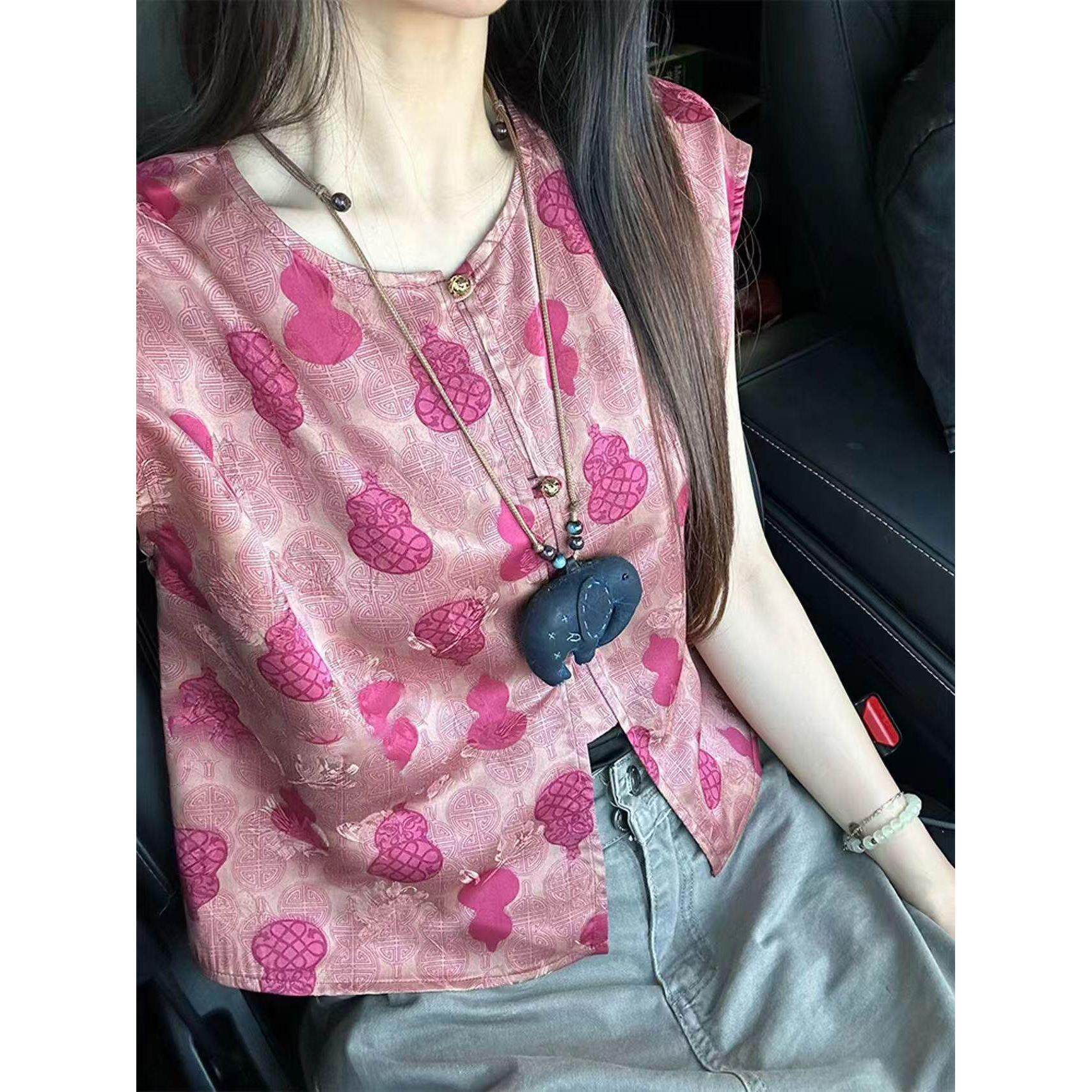 轻奢唐装粉色福禄双全短袖衬衫女夏新款新中式提花改良汉服上衣