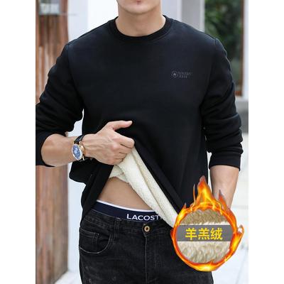 羊羔绒保暖卫衣男冬季加绒加厚圆领打底衫纯色印花休闲套头上衣潮