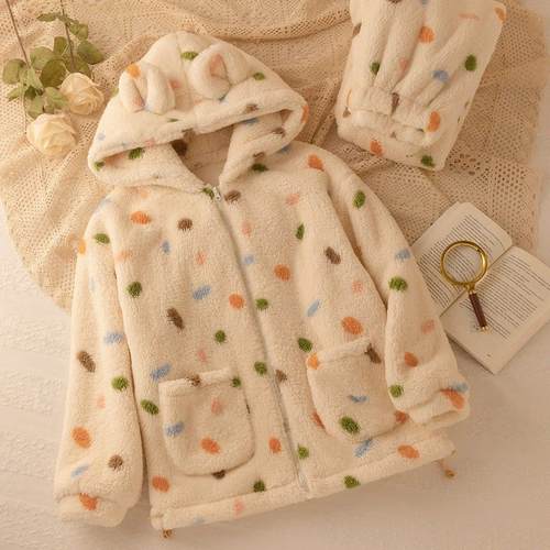 波点小团子！！Orange Sea！双面泡泡绒彩点拉链连帽睡衣女冬套装