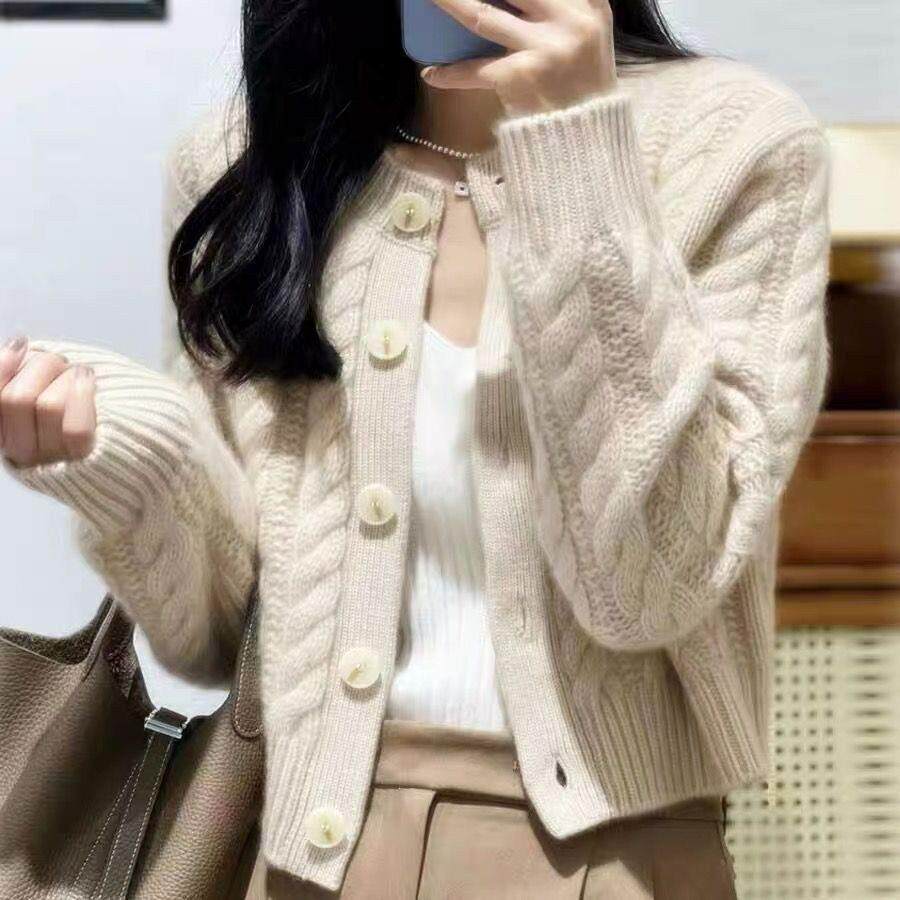 重工加厚羊毛衫女圆领毛衣开衫麻花宽松慵懒短款羊绒针织上衣外套