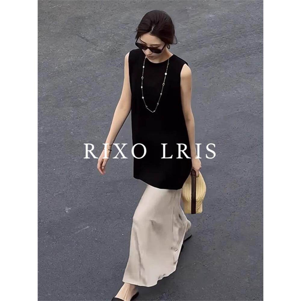 RIXO LRIS法式老钱风黑色中长款露肩亚麻无袖吊带背心女夏季外穿