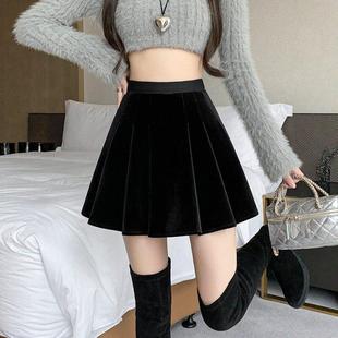 法国Rouje Dsyle金丝绒高腰a字半身裙女垂感百褶裙气质显瘦短裙子