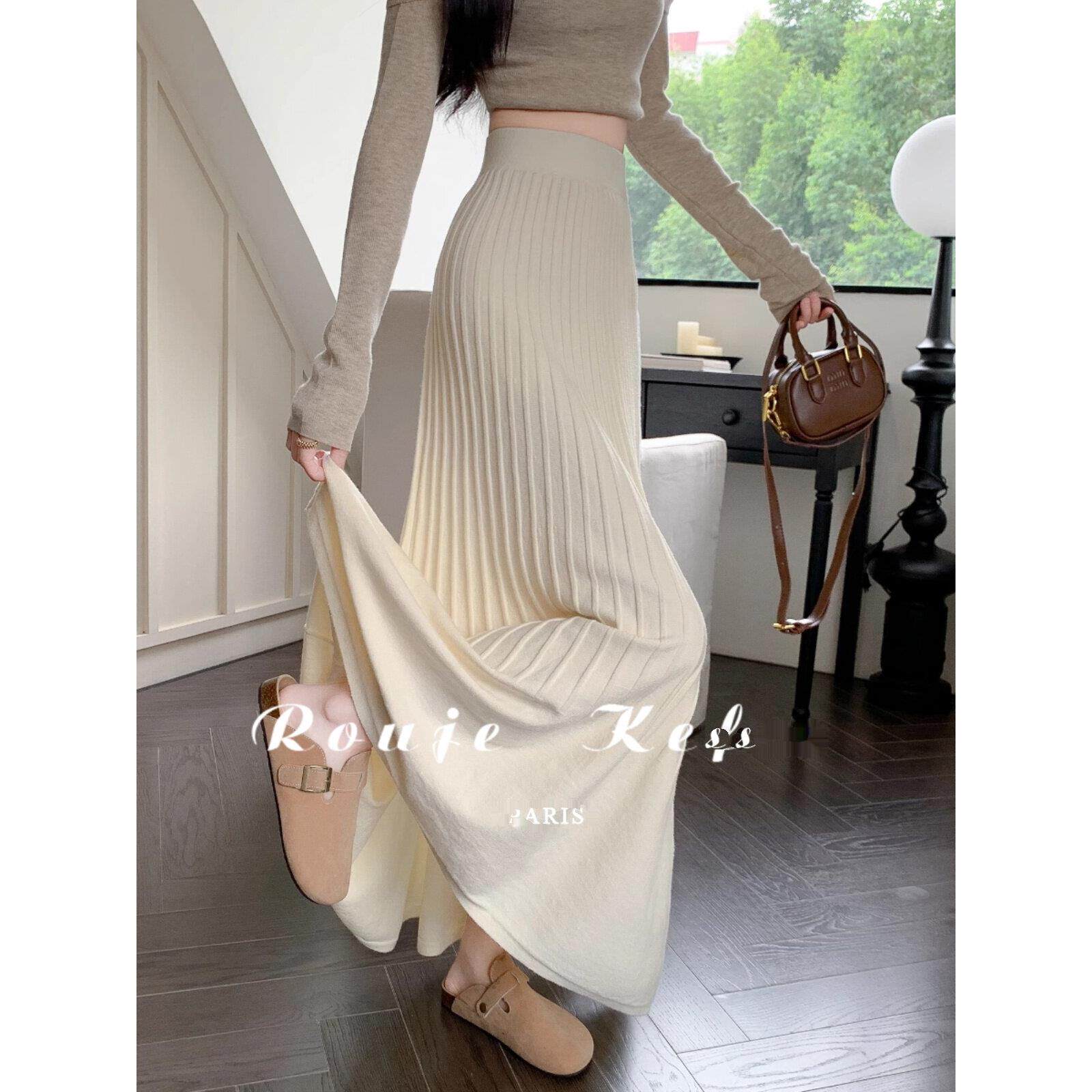Rouje Kefss法式春秋垂感高腰针织半身裙百褶A字裙子小个子长裙女