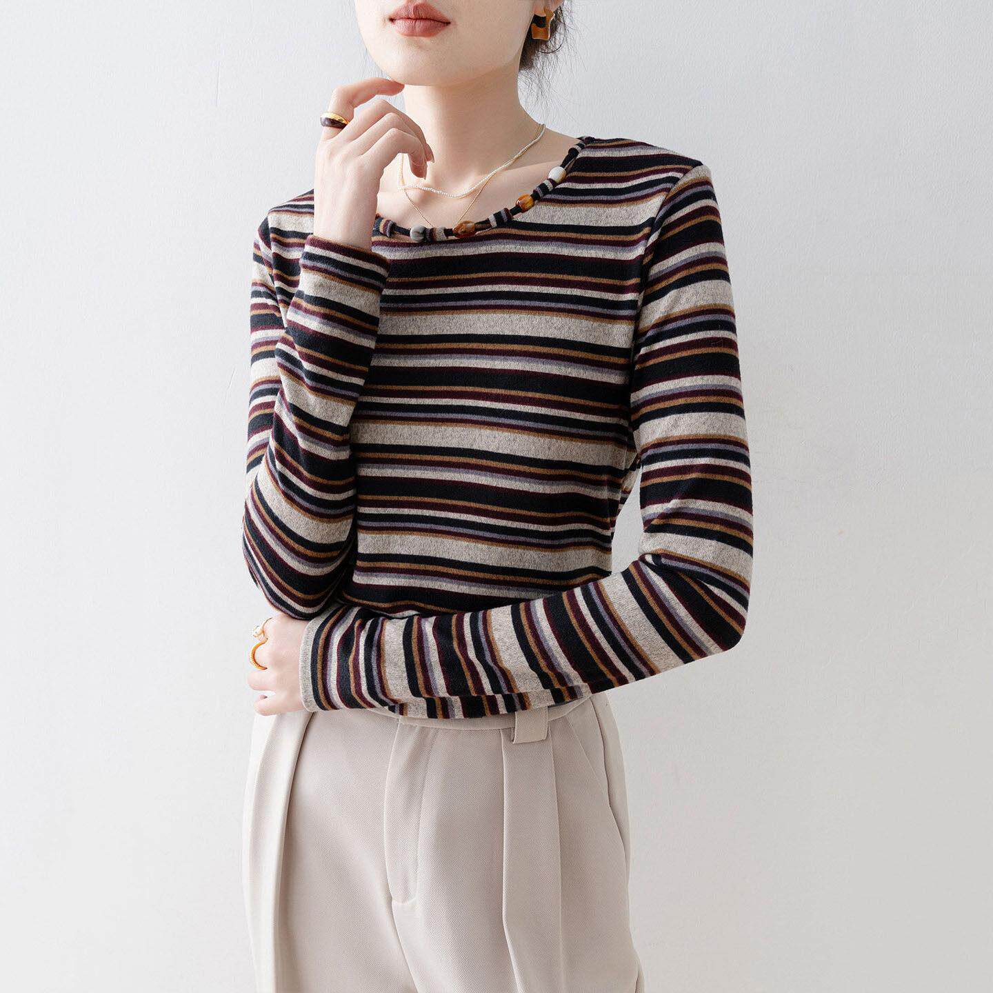 Canary Kiss条纹咖色亨利领长袖T恤女士春季季气质百搭设计感上衣