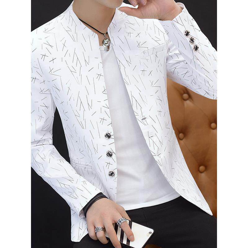 潮牌男士印花小西装男韩版修身立领中山装外套潮青年帅气休闲西服