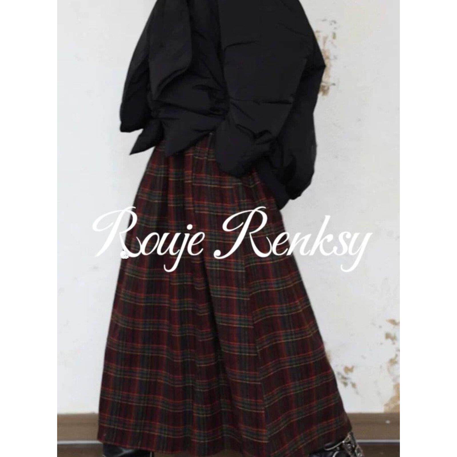 法国rouje renksy法式覆古暗红色格纹半身裙女秋冬毛呢大摆伞裙