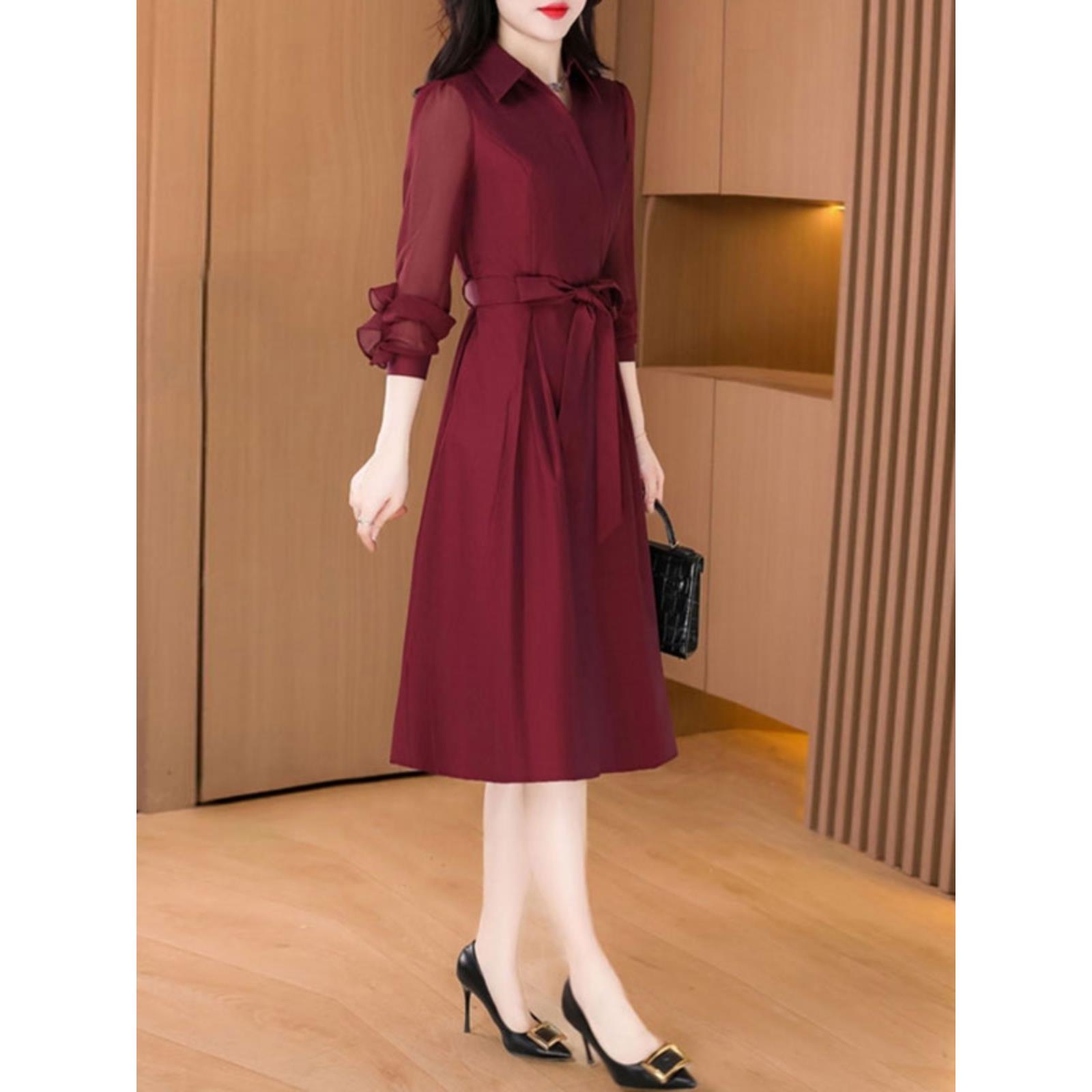 红色连衣裙女2024春秋新款喜婆婆婚宴装收腰遮肚显瘦气势妈妈礼服