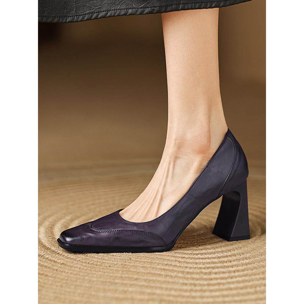 A.D赫本软底真皮鞋，优雅的女士浅口，舒适的方头7.5厘米厚跟通勤