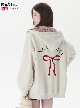 Next Moon英国联名花灰色连帽开衫卫衣女春秋新款格纹加绒外套潮