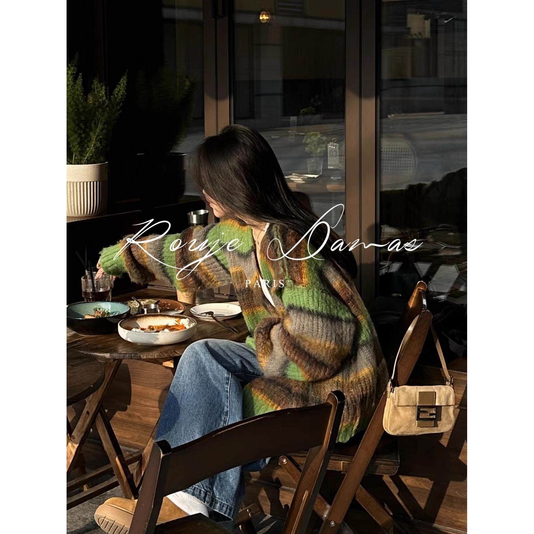 法国Rouje Damas小众彩色条纹毛衣女复古宽松慵懒风针织开衫外套,女装/女士精品,常规大码外套,淘宝优惠券,粉丝福利购,淘宝优惠卷