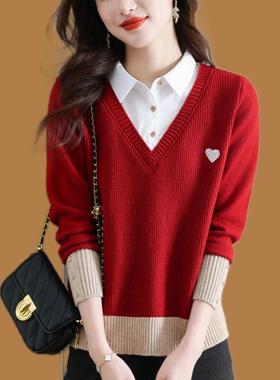 Canary Kiss假两件衬衫领红色毛衣女秋冬季洋气大码针织打底上衣