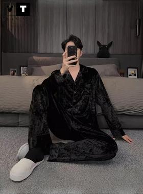 WEI TING黑色金丝绒睡衣男春秋款高级感休闲金钻绒家居服男士套装