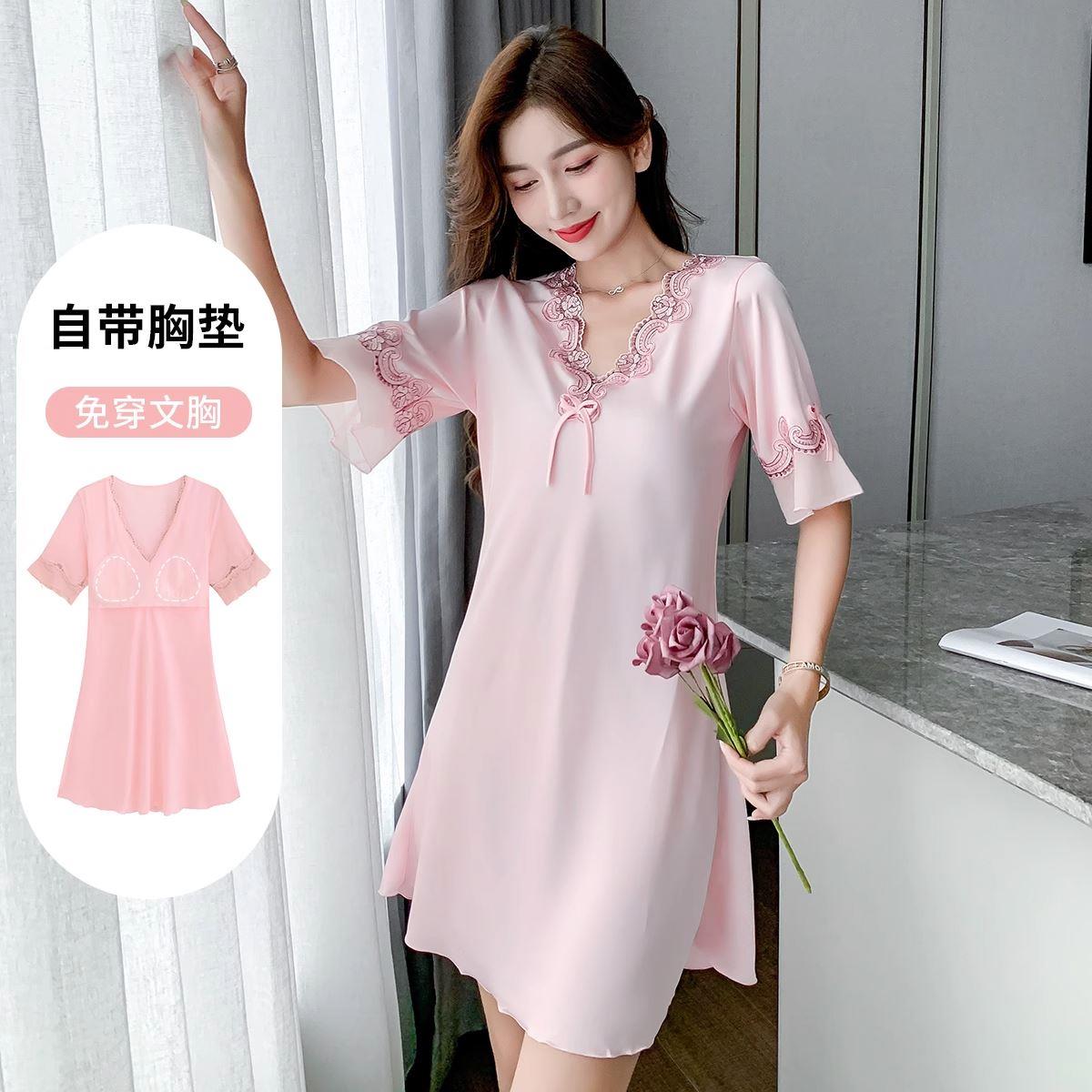 冰丝睡衣女2025夏季性感蕾丝绸短袖睡裙薄款真丝大码带胸垫家居服