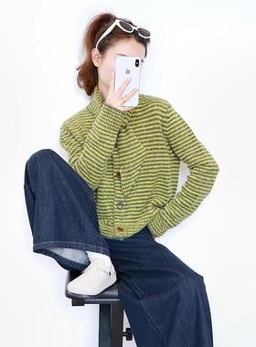法国Rixo Kelly覆古绿色条纹针织开衫外套女小香风毛衣超好看上衣