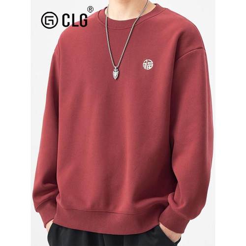 香港Clg时尚秋冬丝绒汗衫男士圆领套头衫宽松祝福字绣花暖上衣加