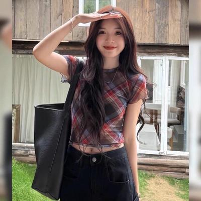 法式Rixo Kelly覆古格子圆领正肩短袖t恤修身短款百搭设计感上衣