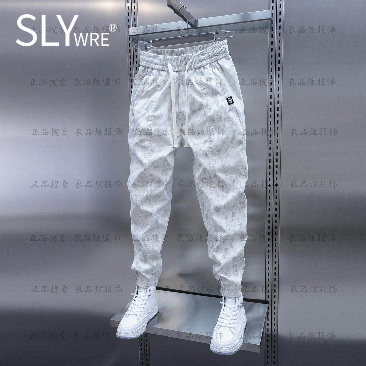 潮牌日系复古提花刺绣休闲裤男士夏季薄款束脚工装裤子小脚运动裤