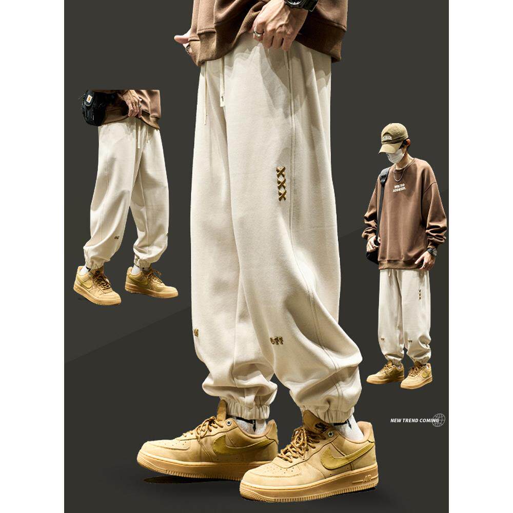 潮牌春秋季加绒加厚美式休闲束脚卫裤男士宽松刺绣工装裤运动裤子