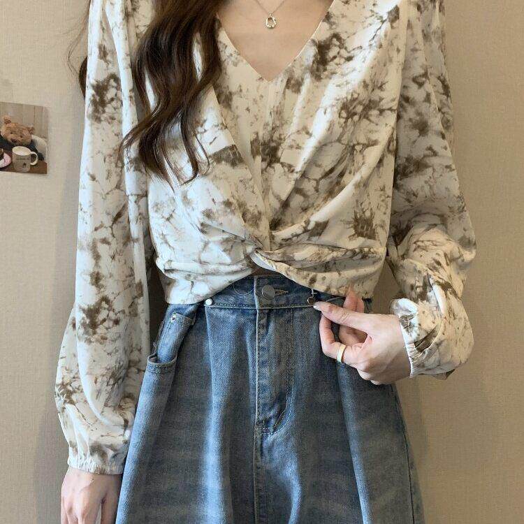 法式Rixo Kelly扎染碎花V领长袖衬衫女春秋款显瘦设计感短款上衣