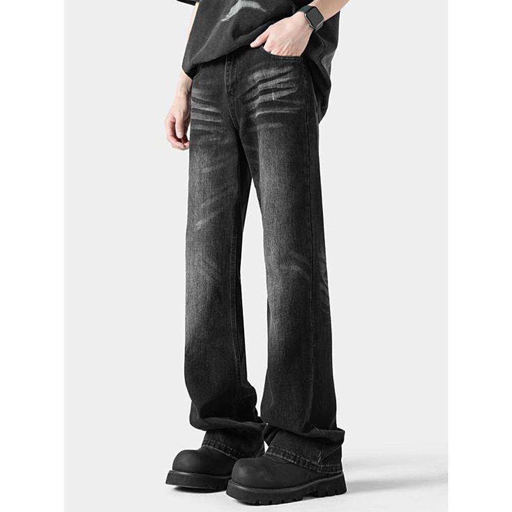 香港潮牌牛仔裤男秋冬加绒新款美式vibe修身微喇裤男士痞帅直筒裤