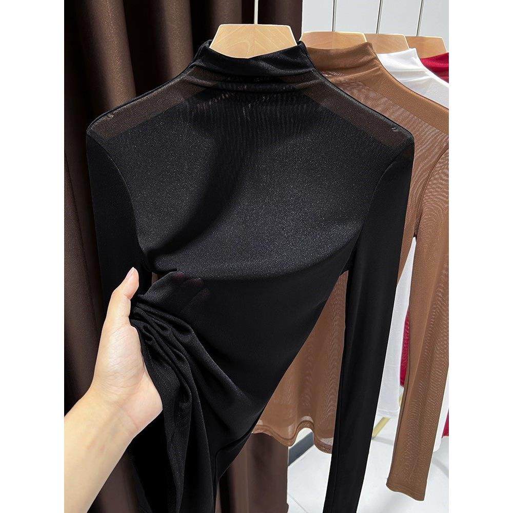 半高领透明修身网纱上衣女士2025春秋新款韩版时尚长袖纱衣打底衫,女装/女士精品,真丝上装,淘宝优惠券,粉丝福利购,淘宝优惠卷