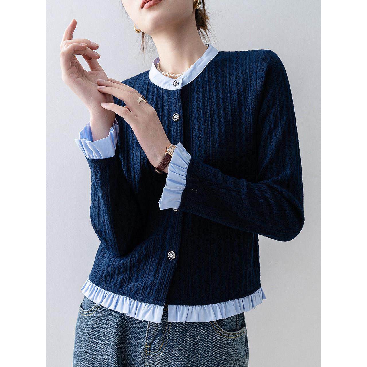 Canary Kiss学院风撞色假两件针织开衫女春夏长袖显瘦小个子衬衫
