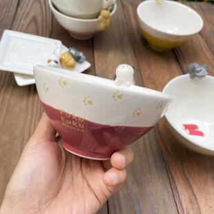 日单卡通立体猫咪陶瓷碗米饭碗甜品碗高颜值家用碗儿童碗 树下盒