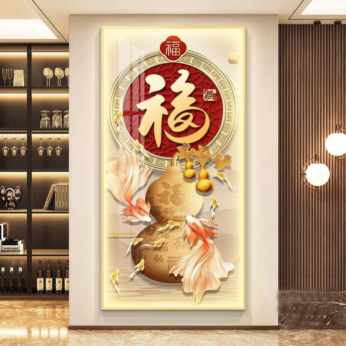 新中式玄关装饰画葫芦入户正对门挂画好寓意LED带灯走廊过道壁画