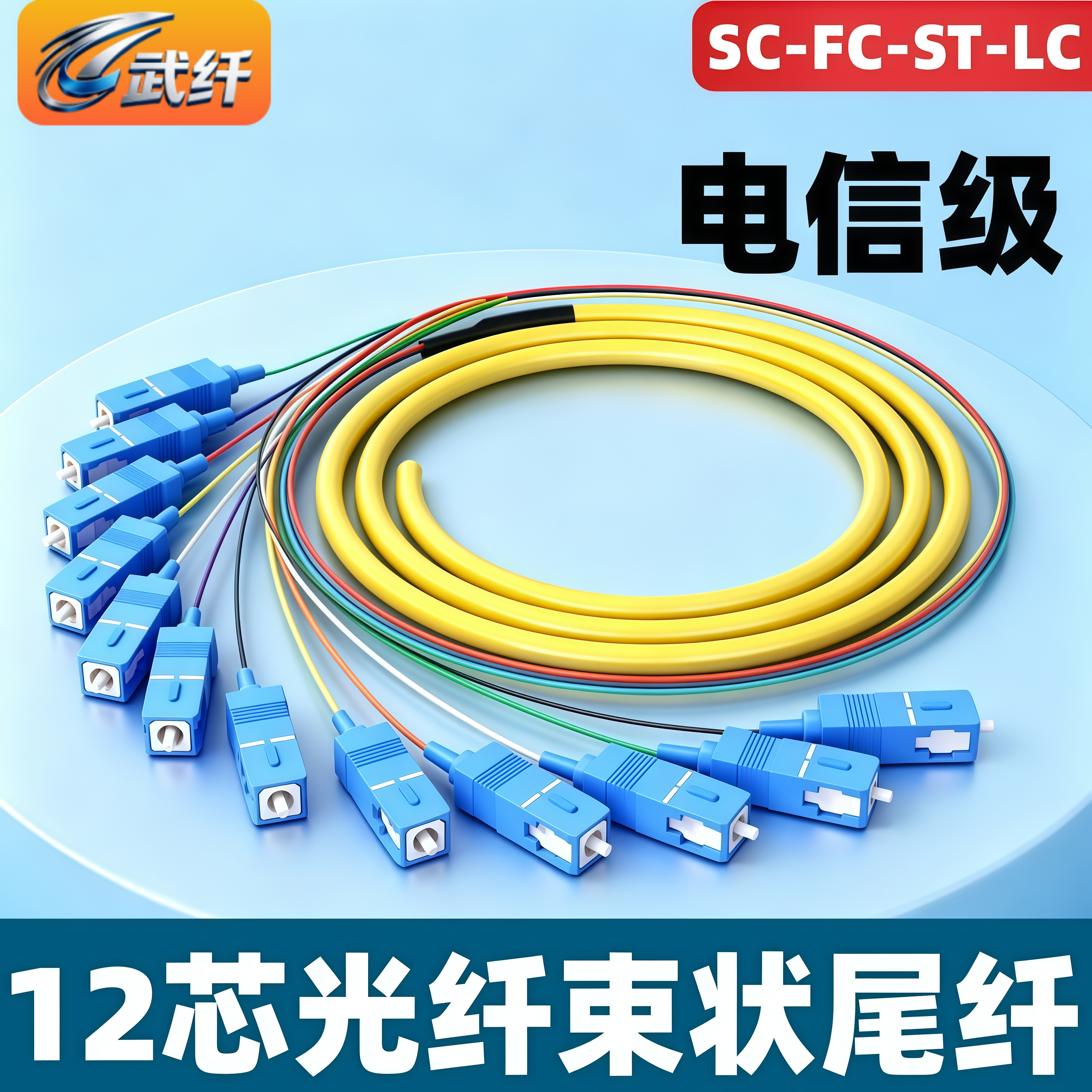 武纤 12芯小方头束状尾纤SC/LC/FC光纤线圆头方头尾纤 SC单模束状尾纤跳纤FC圆头光纤跳线束状尾缆