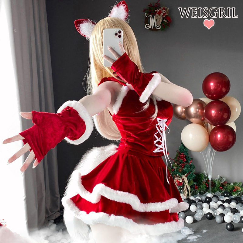 万圣节服装女cosplay性感兔女郎制服圣诞新年舞台装红色连衣裙