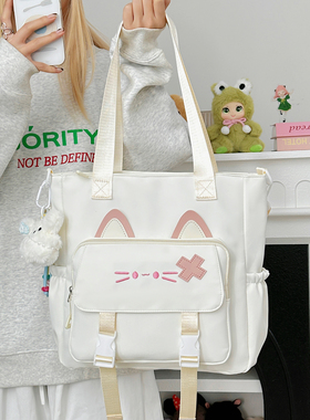2025新款可爱猫咪帆布包初高中女学生大容量斜挎手提包轻便补课包