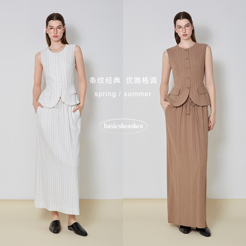 basicshenshen条纹马甲长裙套装图片