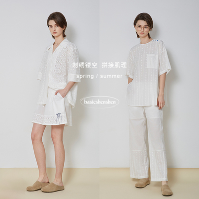 basicshenshen镂空短袖衬衫套装