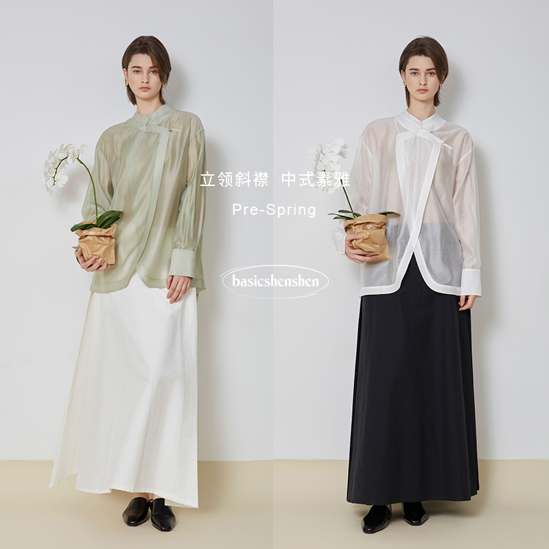 basicshenshen中式立领斜襟衬衫