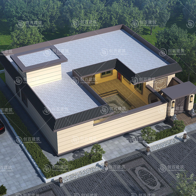 一层新中式四合院别墅图纸设计新农村一层平顶自建房经济16x16米