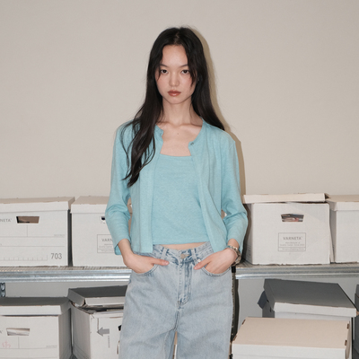 棉麻船领中袖吊带开衫两件套