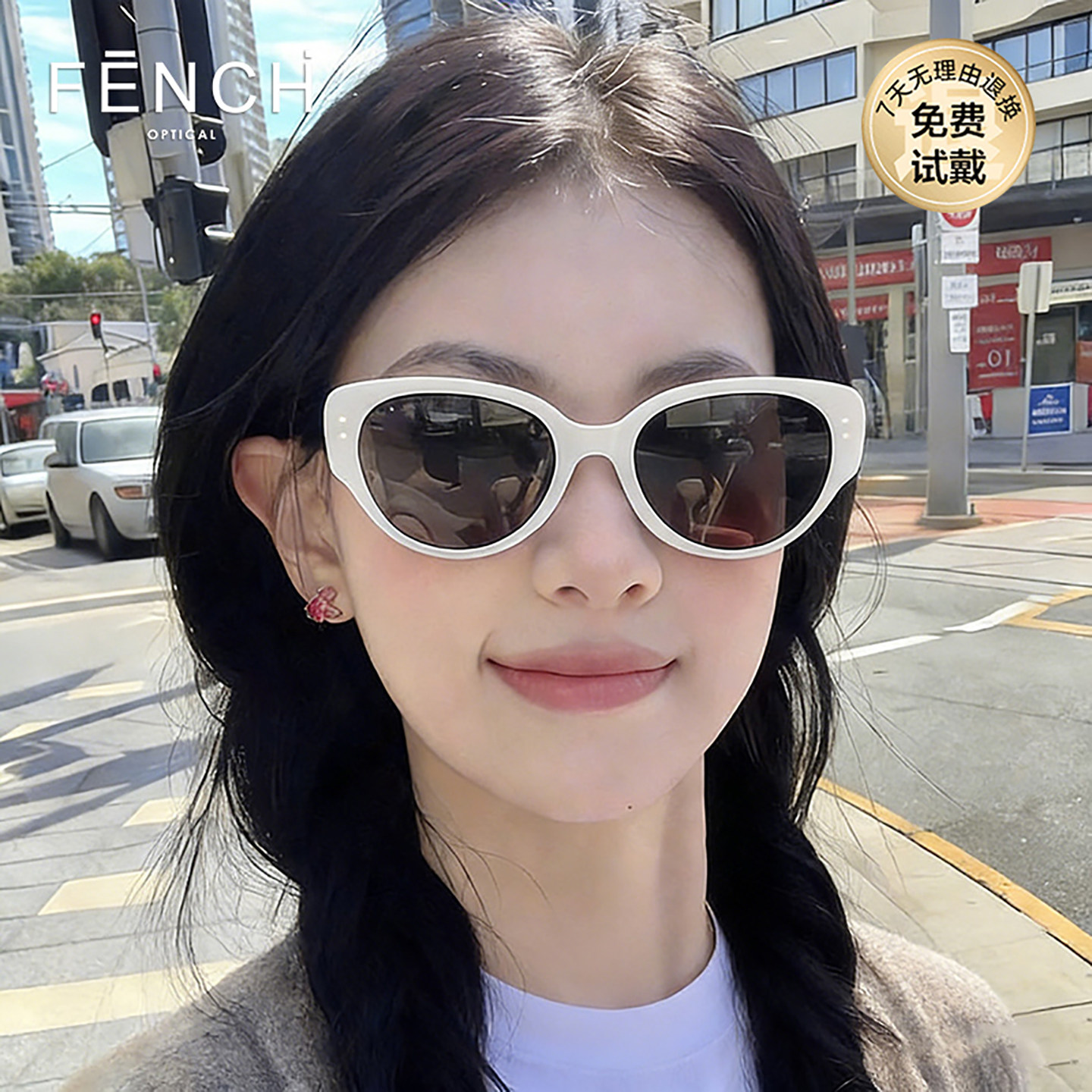 芬驰复古猫眼偏光防晒太阳镜女图片