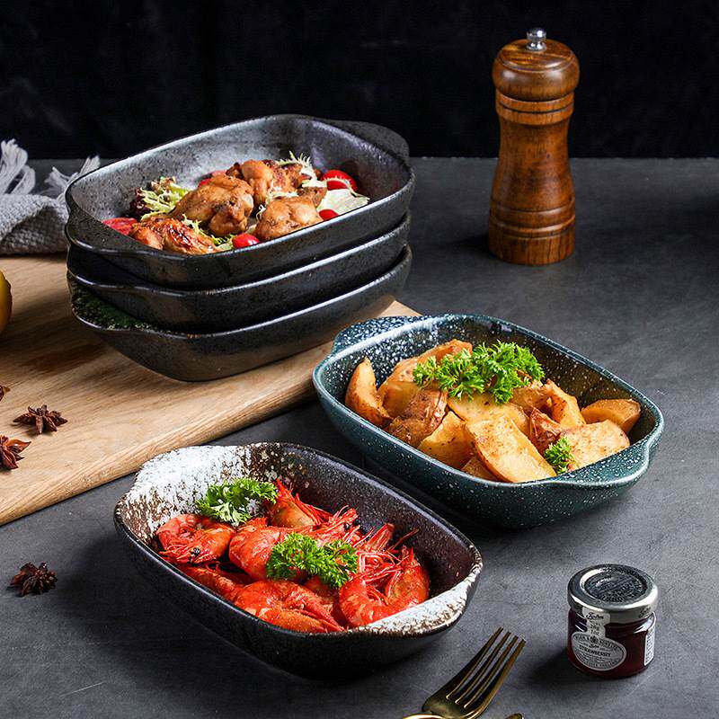 日式双耳陶瓷烤盘 复古芝士焗饭盘不规则菜盘子家用餐具深汤盘子