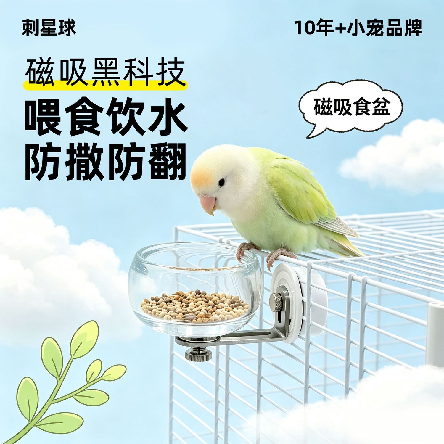 刺星球食盆加厚玻璃防溅磁吸稳固玄凤鸟用防翻食碗牡丹悬挂喂食